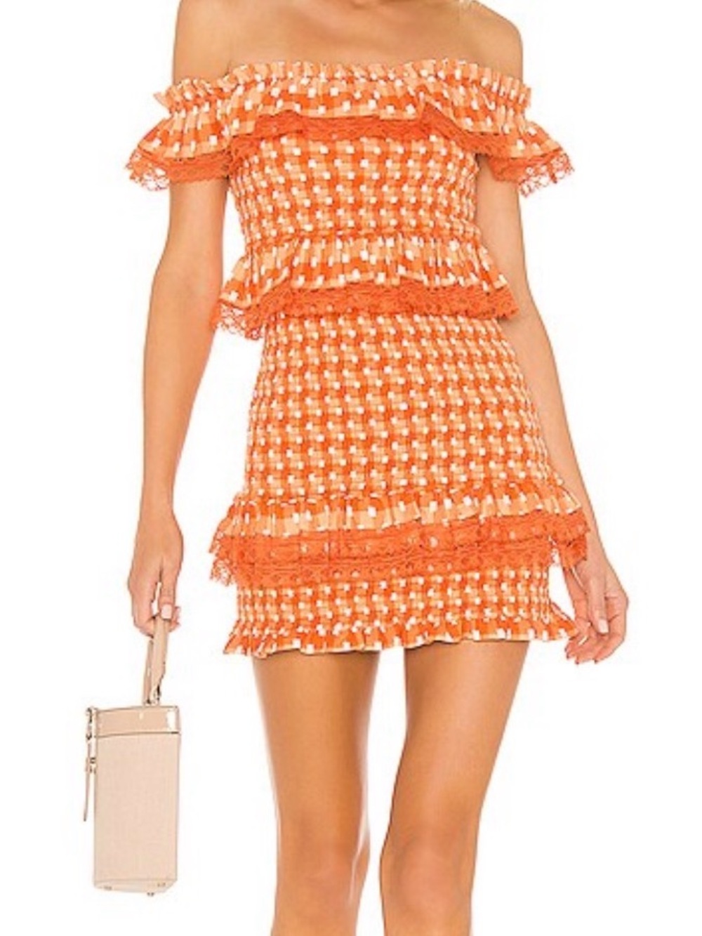 Tularosa Orange and Cream Off-Shoulder Smocked Mini Dress